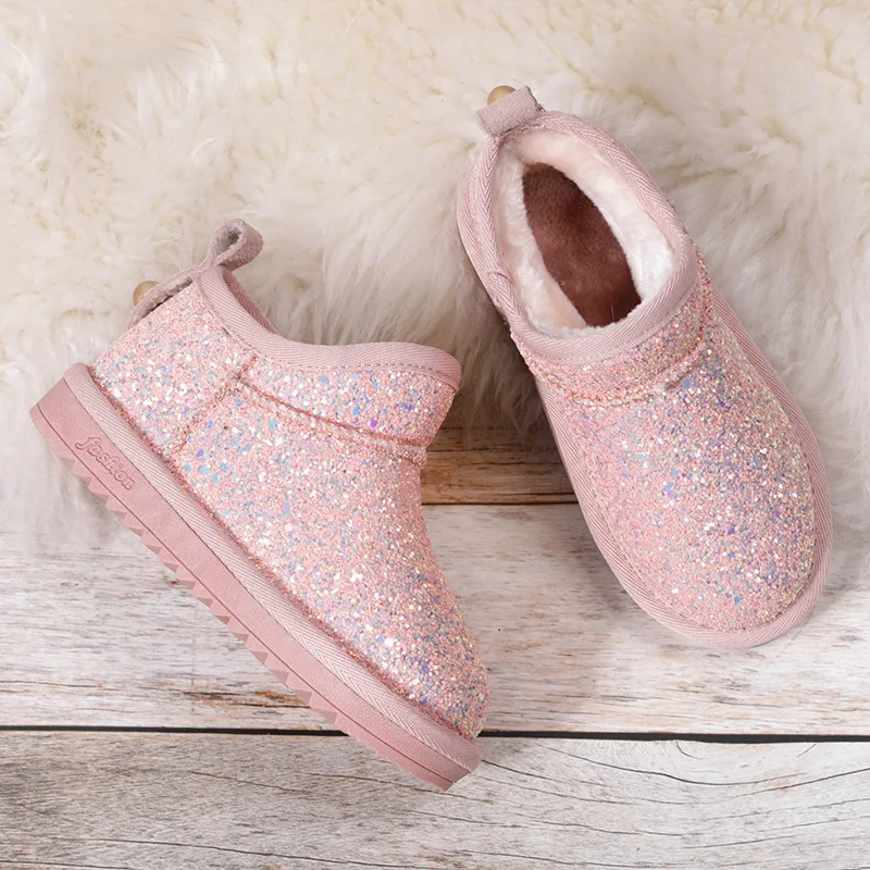 

Winter Fur Warm Girls Boots Fashion Princess New Snow Kids Boots For Girls Sequins Cotton Children Shoes Ankle Genuine Leather
