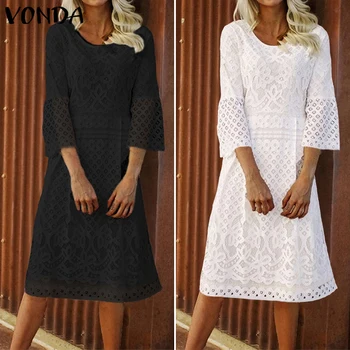 

VONDA High Quality Fashion Women Black Dress Summer 3/4 Sleeve O-Neck Casual Loose Dress Female Street Plus Size Vestidos