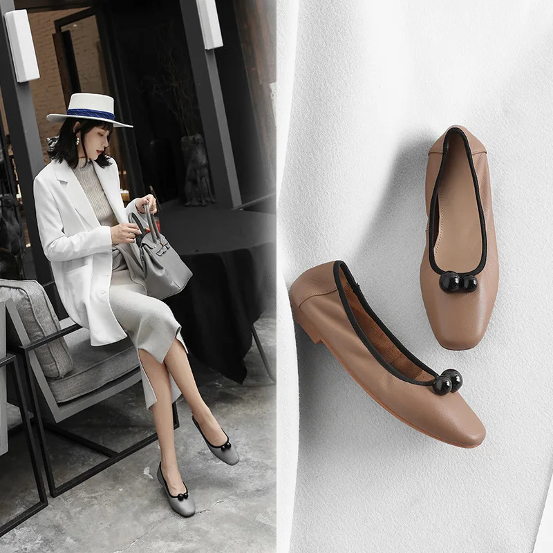 

2019 Spring New Style Soft Surface Cowhide Comfortable guai guai xie WOMEN'S Shoes Genuine Leather Low-Cut Square Head Slimming