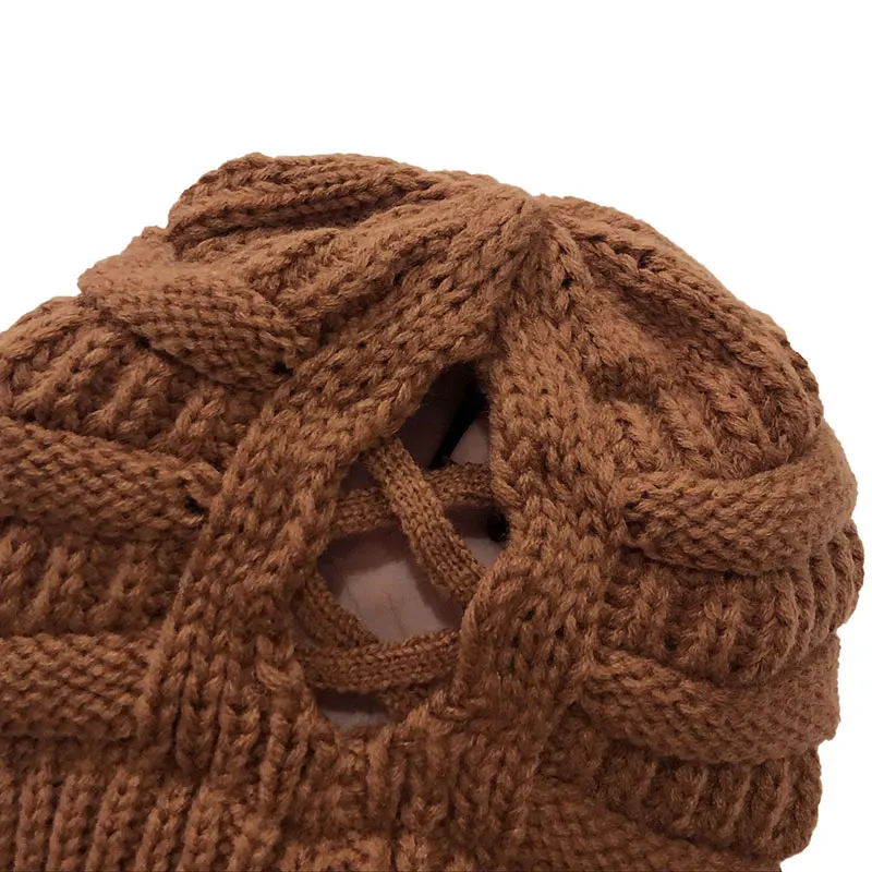 New Adult Women's Hats Wool Knitted Hat Autumn Winter Warm Brand Skullcap Female Cross Ponytail Cap Skullies Beanies 5