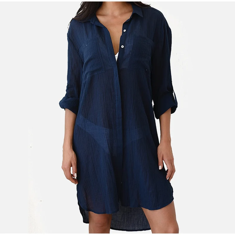 Navy blue Сексуальная прозрачная Пляжная накидка, женские рубашки, блузки, белые с длинным рукавом, с отложным воротником, женские топы, летние повседневные женские рубашки - Цвет: Navy blue