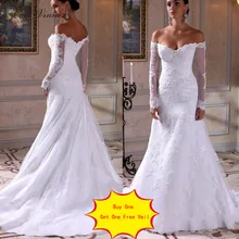 Свадебное платье русалки с длинными рукавами и открытыми плечами в африканском стиле нашивки Свадебные платья русалки белого цвета W0156