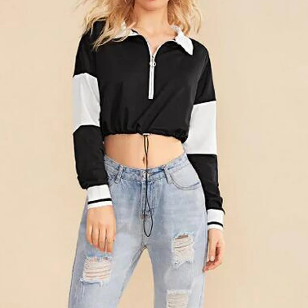 Jaycosin 2019 Fashion Autumn Women Zipper Patchwork Sweatshirt Stylish Long Sleeve Comfortable Casual Pullover Blouse Top 104#10