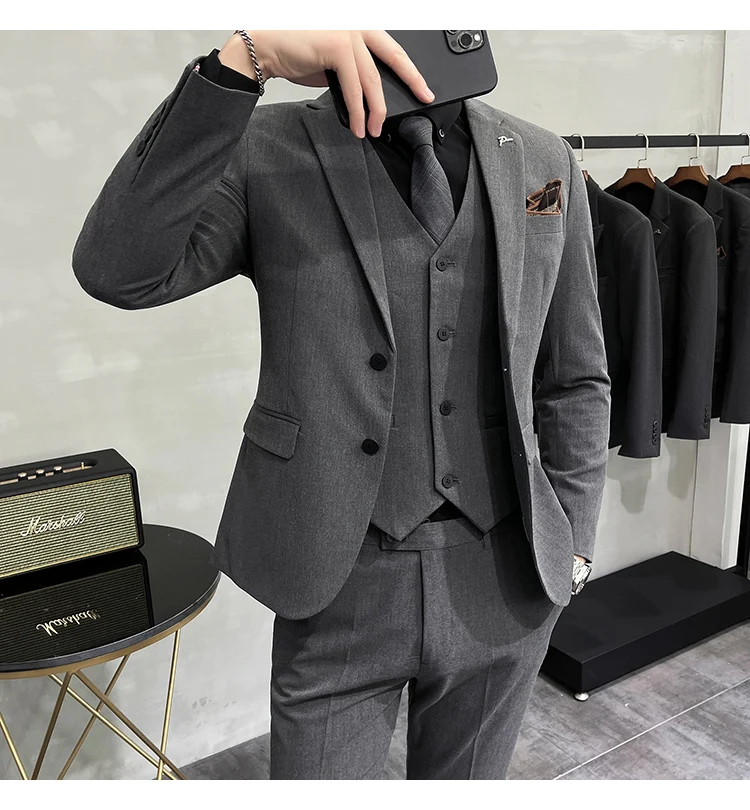 Plus Size S-7XL Man Korean Slim Fit Custom Groom Business Casual Tuxedo Blazers Vest Pant Casual Wedding Social Tuxedo Dress