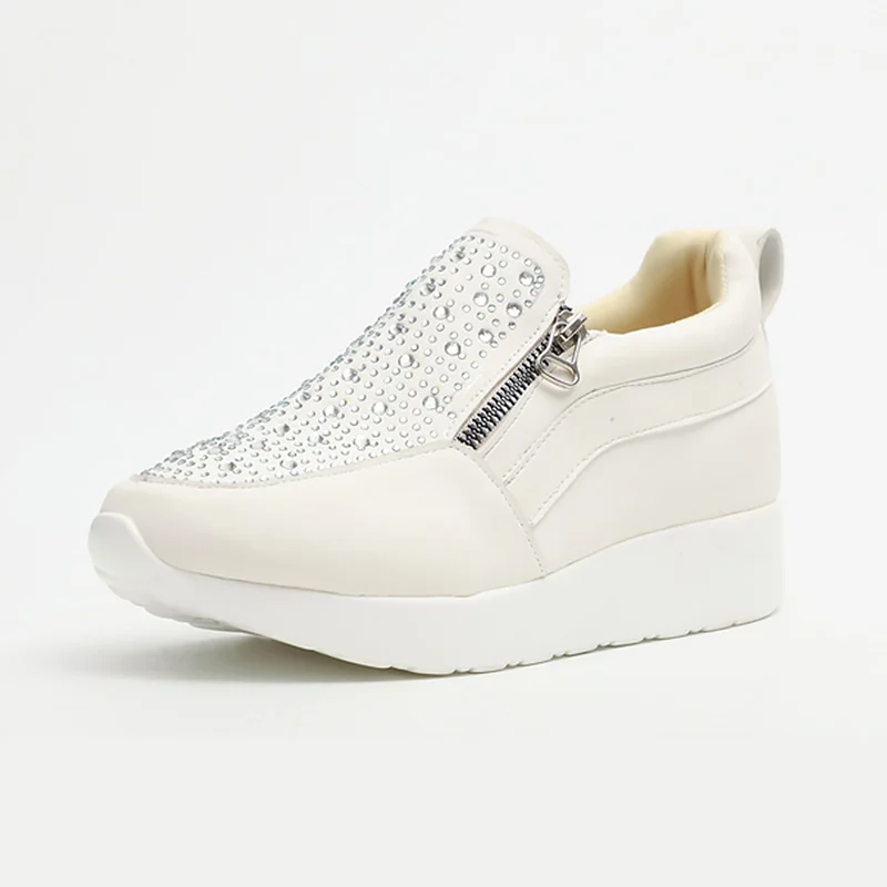 

Women's Sneakers White Running Shoes Rhinestone Zipper Platform Sneakers Large Size 42-43 Comfortable Women Casual Shoes