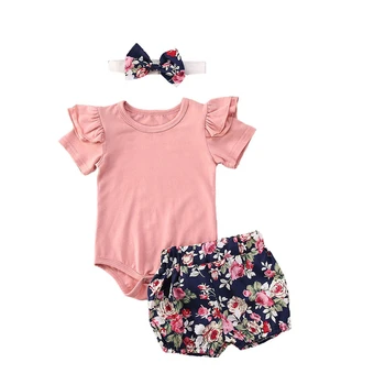 

Newborn Baby Girls Romper Top Shorts Print Flower Crotch Buttons Ruffles Short Sleeves Elastic Floral Pants Hair Band Outfit Set