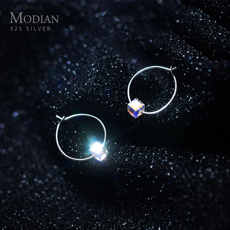 

Modian Dazzling Big Square Rainbow Crystal Hoop Earrings For Women Swing Classic Hoops Ear 925 Sterling Silver Fashion Jewelry
