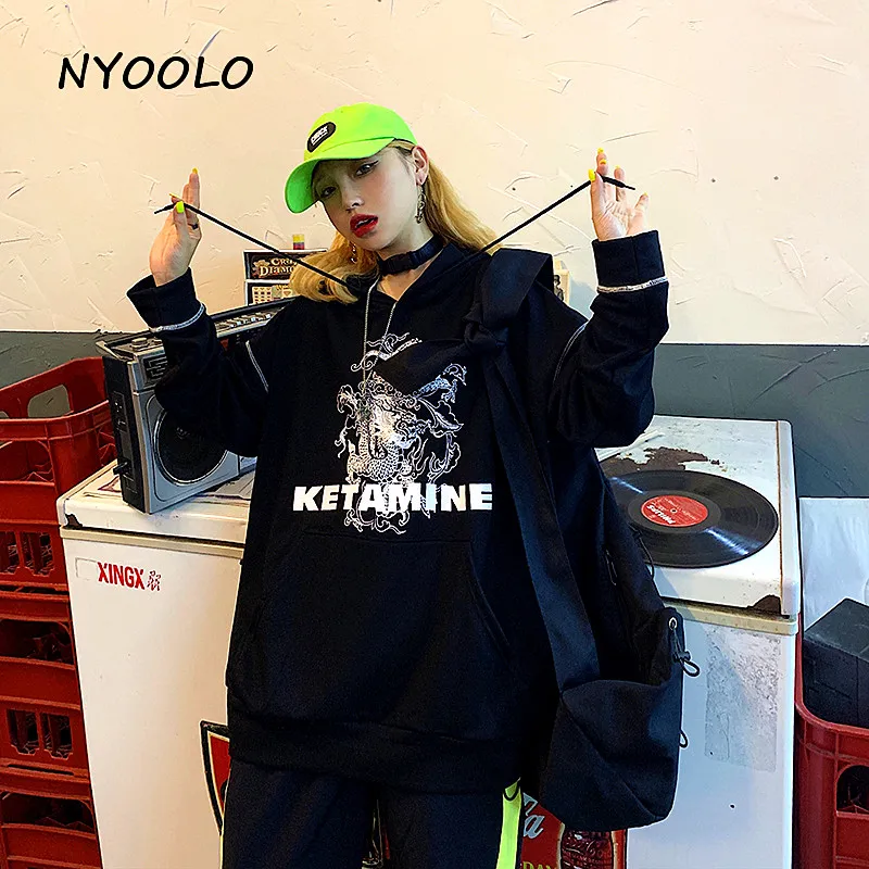 NYOOLO Harajuku стиль Винтажная с драконом печати толстовки осень уличная свободная длинный рукав с капюшоном Пуловеры Толстовка для женщин и мужчин Топ