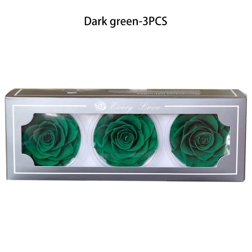 Dark green 3 шт./кор. "Законсервированные" Цветы вечный цветок засушенные цветы вечная розы коробка бессмертный Роза 7-8 см цветочного бутона на День святого Валентина, подарок в день - Цвет: Dark green