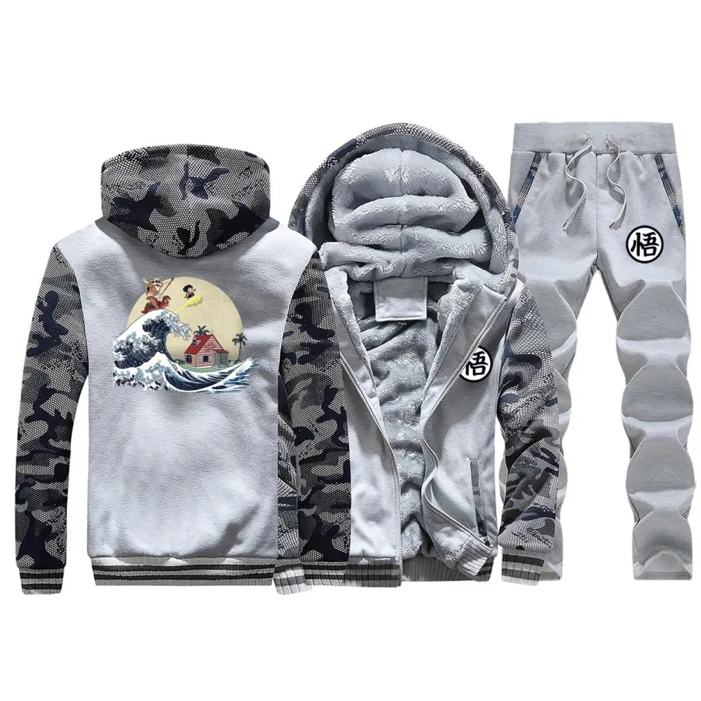 Light Gray Зимние толстые мужские толстовки на молнии+ спортивные брюки аниме Dragon Ball мужской брендовый комплект персональный Байкерский спортивный костюм камуфляж для мужчин 5XL - Цвет: Light Gray