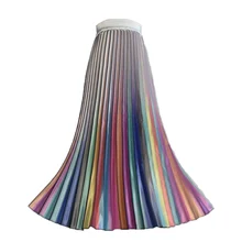 Лето-осень, Женская плиссированная юбка, разноцветная подходящая Женская юбка, атласная, градиентная, плиссированная, большая, маятниковая, длинная юбка