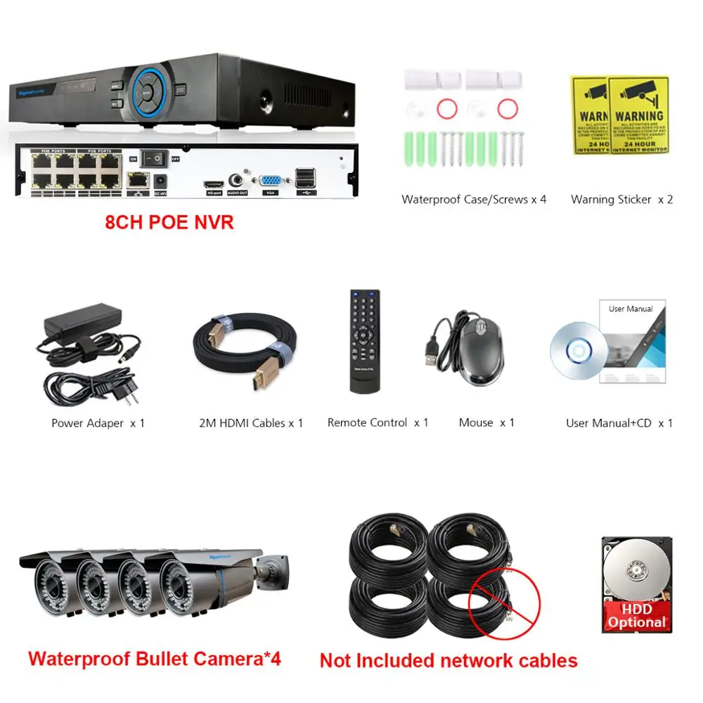 4 Camera No Cables Toprohomie H.265+ 8CH NVR Системы 5MP POE NVR kit 4MP IP66 Водонепроницаемый 2,8 мм-12 мм с переменным фокусным расстоянием POE IP Камера 8CH комплект видеонаблюдения 4T - Цвет: 4 Camera No Cables