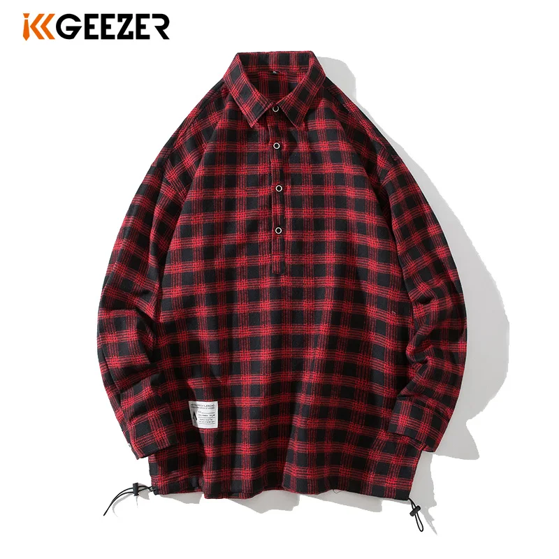 Мужская рубашка в клетку красные и черные свободные японские свитшоты с длинным