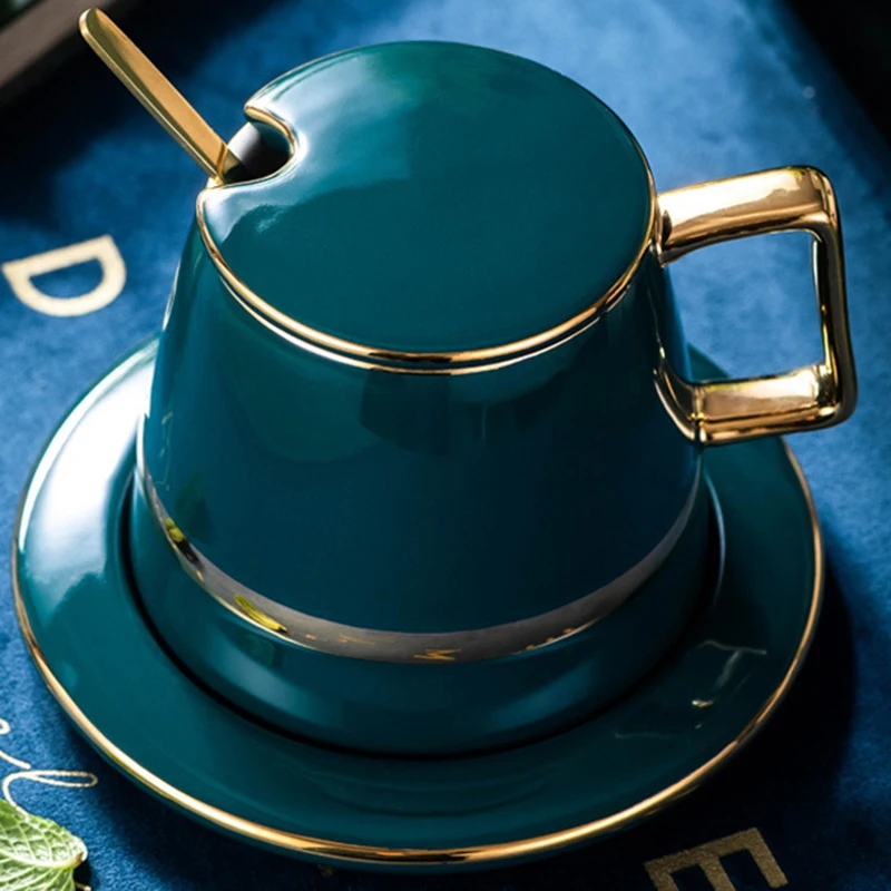 Best ABUI Luxurious Nordic Style Tea Set Golden Ceramic Coffee Cup Set Saucer with Spoon Gift Box for Household Office Afternoon Tea