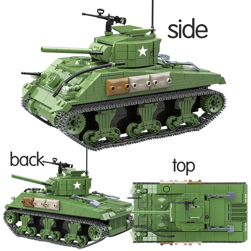 726PCS US Military Sherman M4A1 Tank Building Blocks Legoing Technic City Police WW2 Tank Soldier W