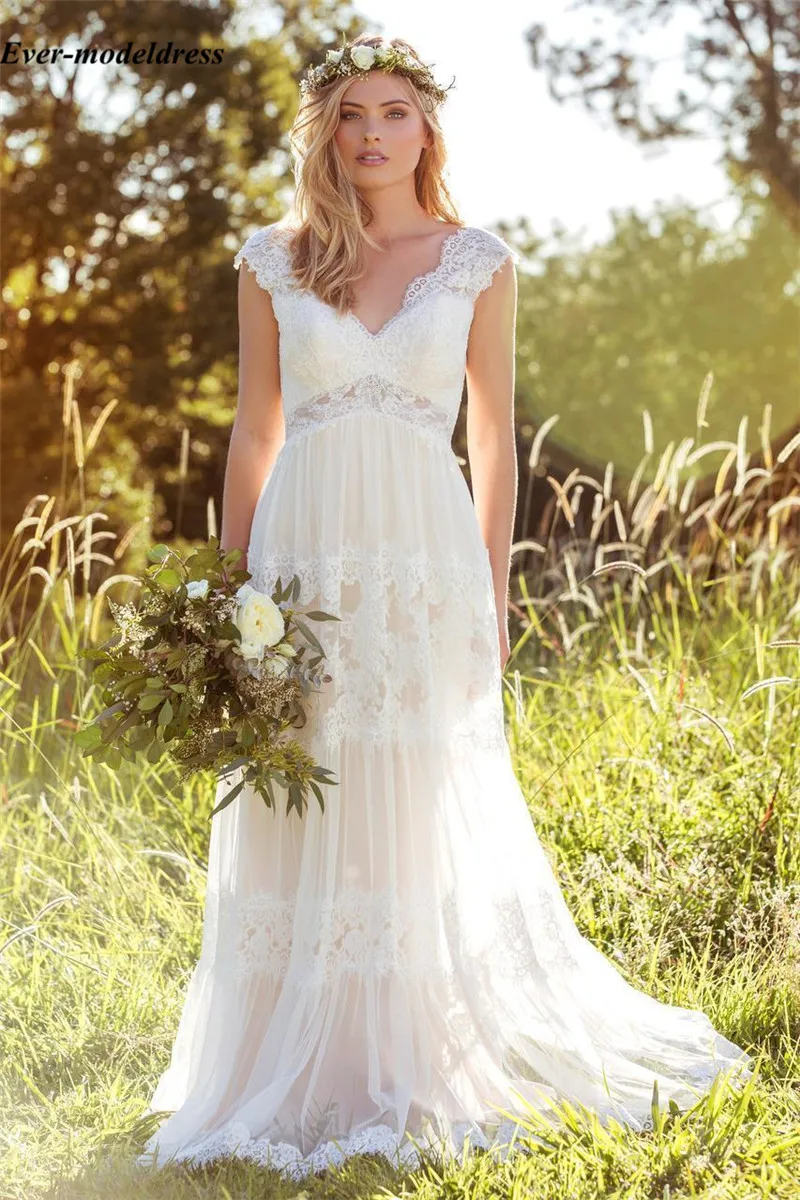 Vestidos Novia, кружевные богемные Свадебные платья, v-образный вырез, открытая спина, иллюзия страны, свадебные платья, с коротким шлейфом, простое платье невесты