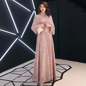 

Pink Bride Party Dress Womens O-Neck Floor-Length Evening Cheongsam Noble Elegant Long Qipao Wedding Gown Clothes Vestido S-XXL