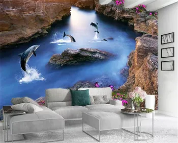 

3d Room Wallpaper Custom Photo Dolphins Swim with Delicate Flowers Home Decor Living Room Bedroom Wallcovering HD Wallpaper