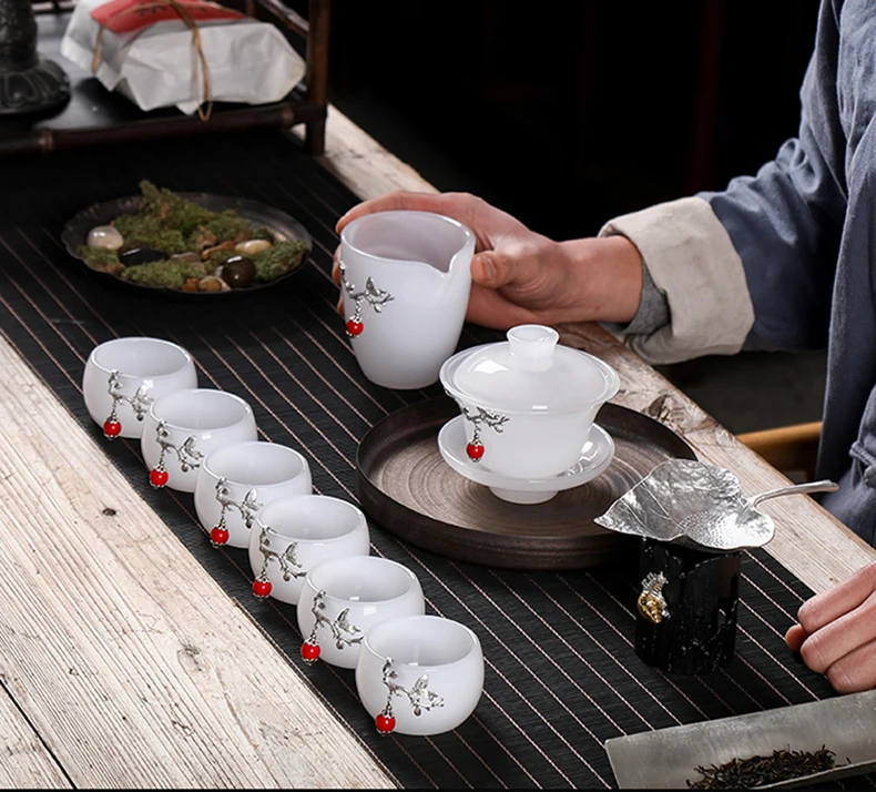 Tea Bowl Saucer Lid Kit 150ml Jade Porcelain Gaiwan Silver Decor Tea Tureen Chinese Kung Fu Tea Set Drinkware Teaware Container