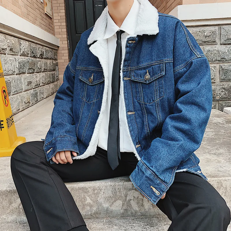 Winter plus Velvet Jeans Coat Men Slim Fit Thick Lamb's Wool Cotton-padded Clothes Youth Cotton Coat Fashion