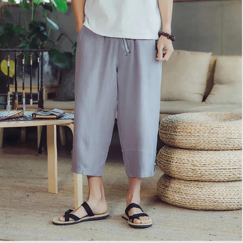 New Summer Cotton Linen Men's Chinese Style Loose Straight Harem Pants Wide Leg Lightweight Casual Calf-Length Trousers