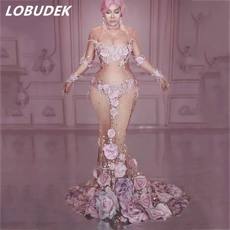 

2019 Fashion New Pink-Purple Floral Mesh Long Dress Sexy See-through Crystals Catwalk Dress Birthday Party Singer Stage Costume