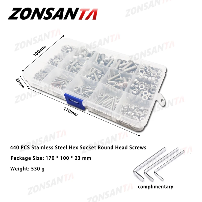 ZONSANTA 440pcs Bolts and Nuts Set M3 M4 M5 Stainless Steel Hex Socket Button Head Cap Screws Bolts Nuts Assortment Kit Screw