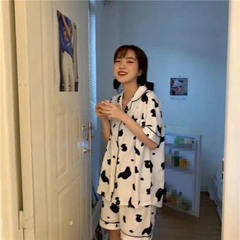 

New Fashion lingerie Korean loose summer short-sleeved autumn long-sleeved suit women's sleepwear sexy clothes Cute sleep tops