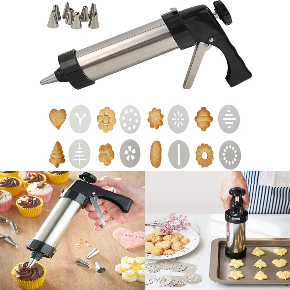 DIY Manual Cookie Press Maker Machine Gun,Stainless Steel Piping Nozzles Biscuit Make Cake Decoration Tools,Decorating Squeezing