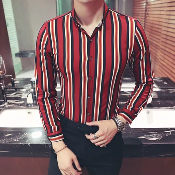 

2019 Pattern Striped Dress Shirt Men's Printing Korean Fashion 4xl 5xl Large Size Long Sleeve Business Casual Social Men's Shirt