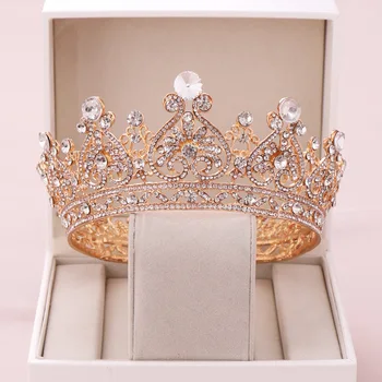 

Vintage Gold Round Bridal Tiara For Wedding Crown Crystal Rhinestone Diadem Beaded Bride Head Jewelry Wedding Hair Accessories