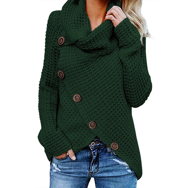 Осенний и зимний однотонный толстый свитер, женский Однорядный Асимметричный свитер с диагональной пряжкой и длинным рукавом, женская одежда - Цвет: Зеленый
