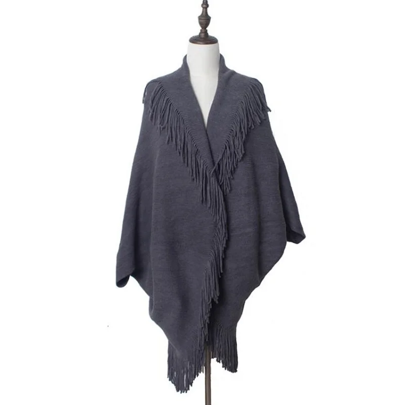 Новая накидка с кисточками Женский Зимний вязаный Свободный плащ черный Boho Пончо Накидки шаль счвитер пальто накидка пончо