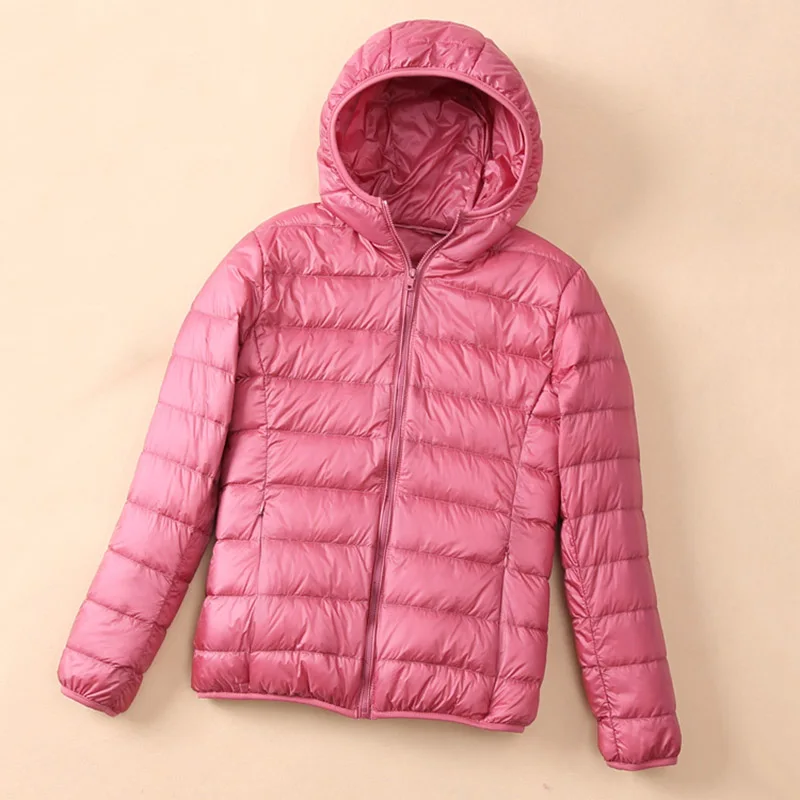 Pink Зимний женский пуховик ультра тонкий с капюшоном утиный пух пальто красный черный базовые куртки длинный рукав теплая парка Женская Осенняя верхняя одежда - Цвет: Pink