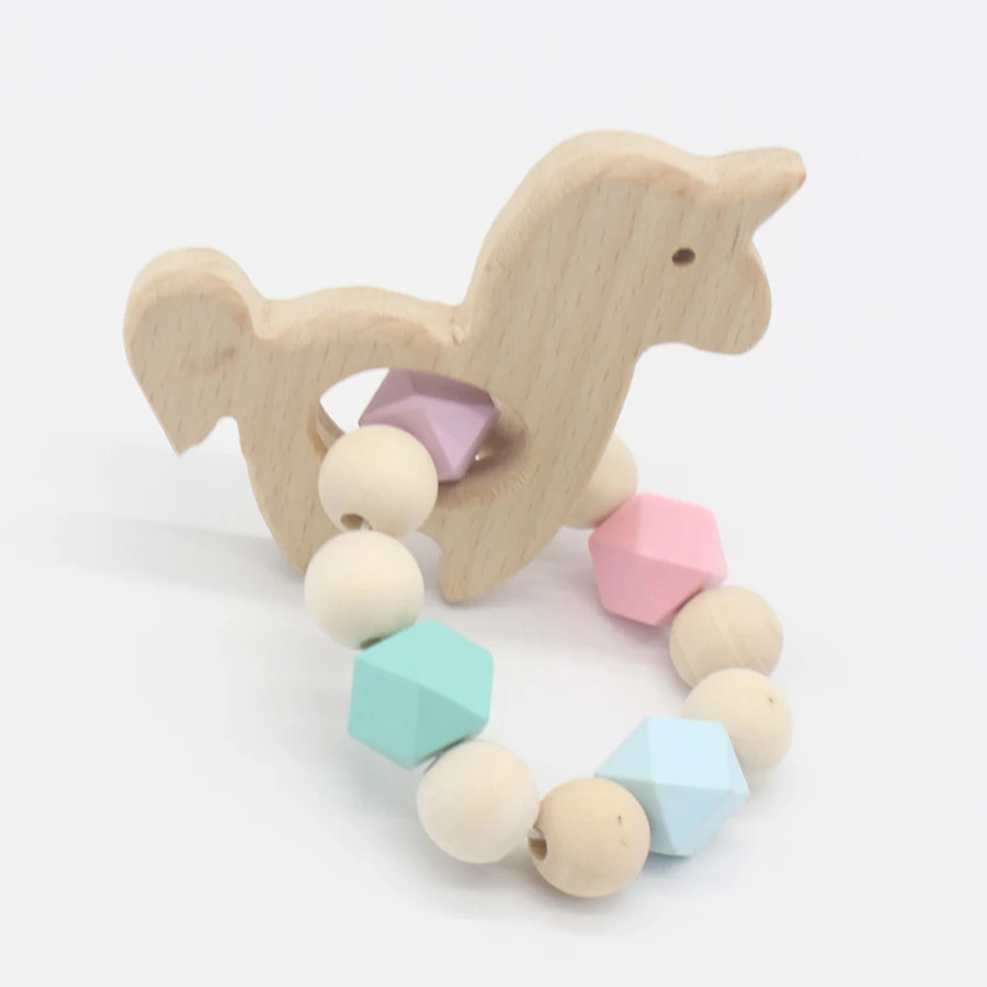 

New Arrival Baby Care Accessory Teether Bracelet Animal Shape Teething Ring Baby Rattles Teething Sensory Natural Wooden Beads
