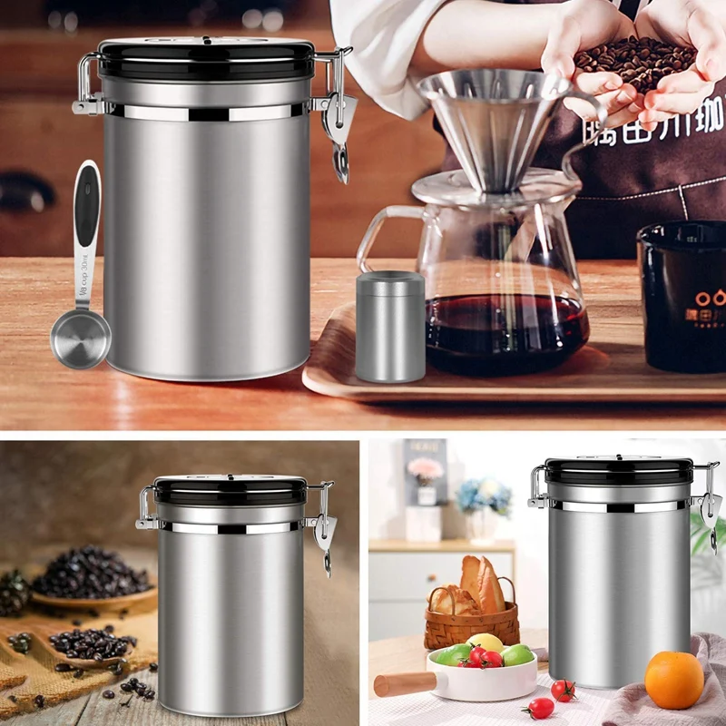 Airtight Coffee Canister Set,1800 Ml Large Stainless Steel Tea& Coffee Storage Coffee Beans
