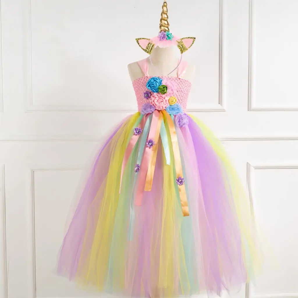 style5 dress Пастельное платье-пачка с цветочным рисунком и единорогом для девочек детское вязаное тюлевые бретели бальное платье с ромашками, платье с ленточками, детский праздничный костюм - Цвет: style5 dress