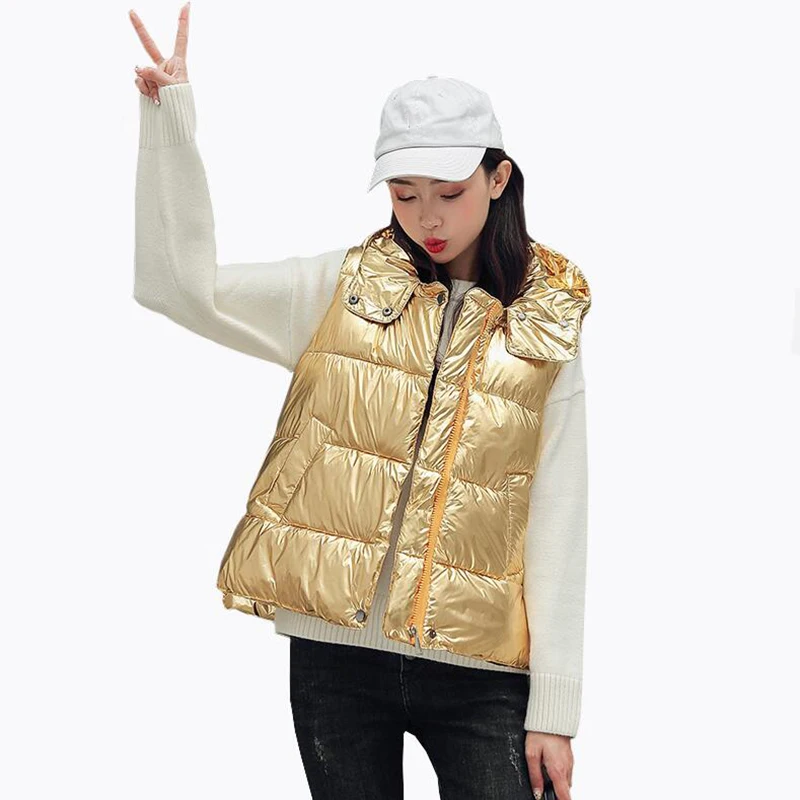 Women Vest Winter Korean Fashion Short Glossy Down Cotton Padded Vests Coat Casual Hooded Sleeveless Jacket Waistcoat
