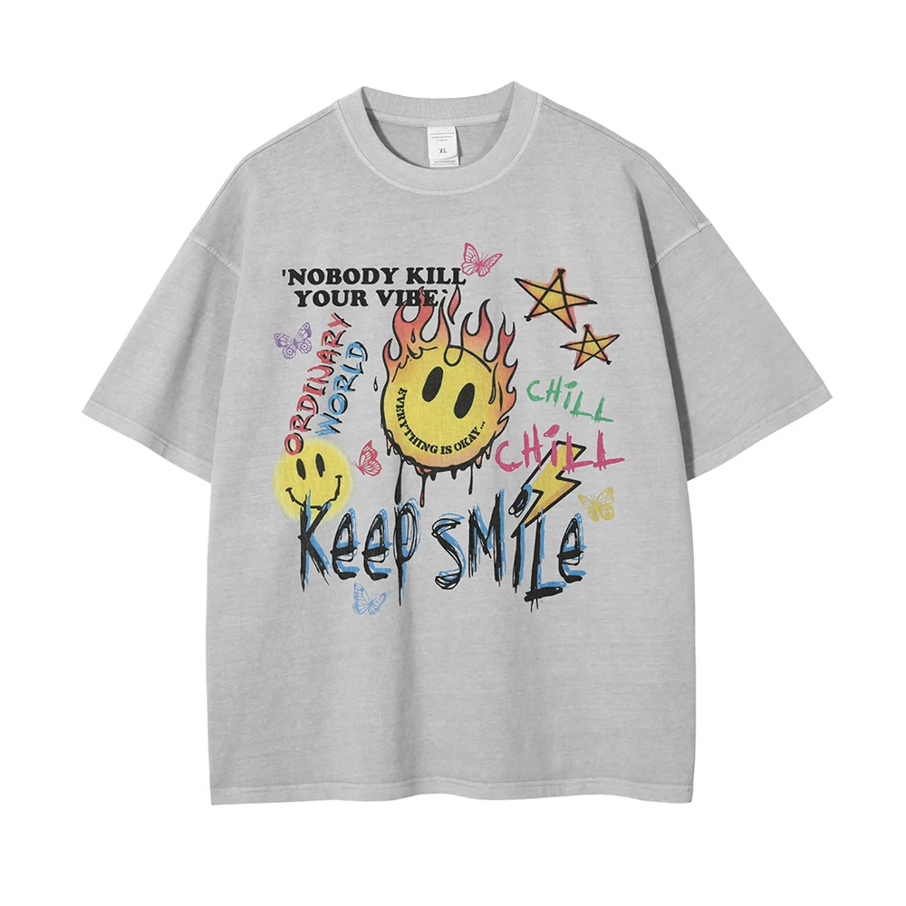 

Men T Shirt Washed Graffiti Smiley Face Print T-shirt Cartoon Funny T-shirt Couple Cotton Oversized Short Sleeve Tees Streetwear