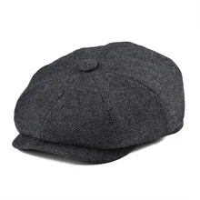 BOTVELA Tweed Wool 8 piece Black Herringbone Newsboy Cap Men Classic 8-Quarter Panel Style Flat Caps Women Beret Hat 005