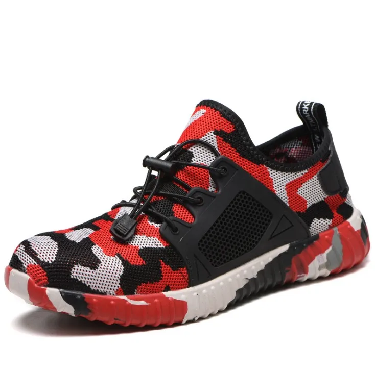 red camouflage Новинка года; дышащая сетчатая защитная обувь; мужские легкие кроссовки со стальным носком; мягкие Нескользящие рабочие ботинки; большие размеры 36-48 - Цвет: red camouflage