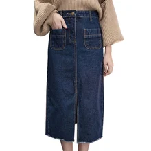 Женская модная джинсовая юбка с высокой талией и карманами для девушек, новинка, повседневная универсальная однотонная джинсовая юбка средней длины с разрезом, Saias S-XL