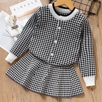 

Kids Clothes Girls Autumn Winter Sweater Baby Girls Clothes Set Lattice Top+Skirt Suit Children Clothes For Toddler Girl Outfits