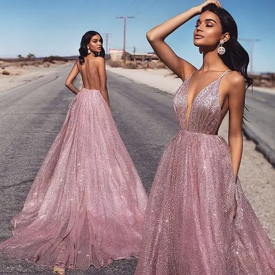 

2020 V-neck Full Length Evening Dresses Sleeveless Sparkle Prom Dress Rose Gold robe de soiree