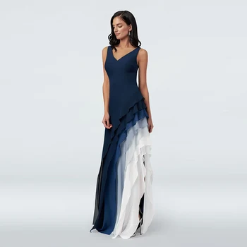 

Latest Unique Multi-Colored Chiffon Side Split Mother of the Bride Dresses Sleeveless V Neckline Tiered Wedding Party Gowns