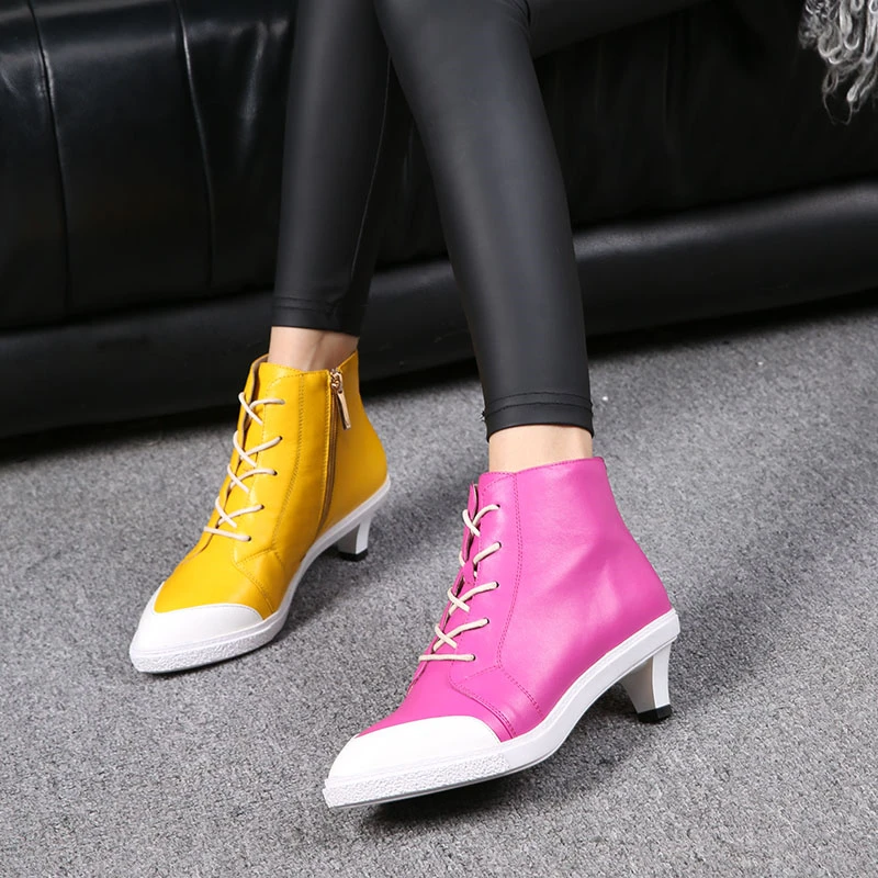 

Ankle Boots Women Shoes Genuine Leather Martin Boots 2019 New 4cm Cat Heel Boots Fashion Yellow Winter Patchwork Ladies Boots