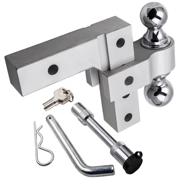 

Dual Ball Mount 2" Hitch Adjustable Aluminum Raise Drop Trailer Tow Hook + Lock