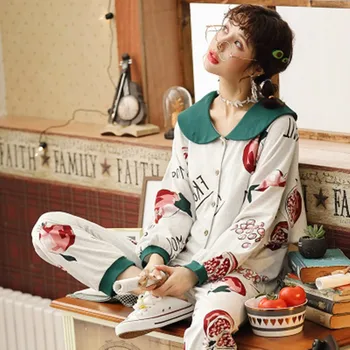 

Lovely princess style COTTON PAJAMA women's suit spring and autumn Korean cartoon cotton doll collar can wear household clothes