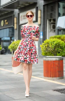 

Women's Runway Dress Sexy Slash Neck Summer Fashion Rose Floral Printing Dressess elastic Waist Lady's Mini Dress