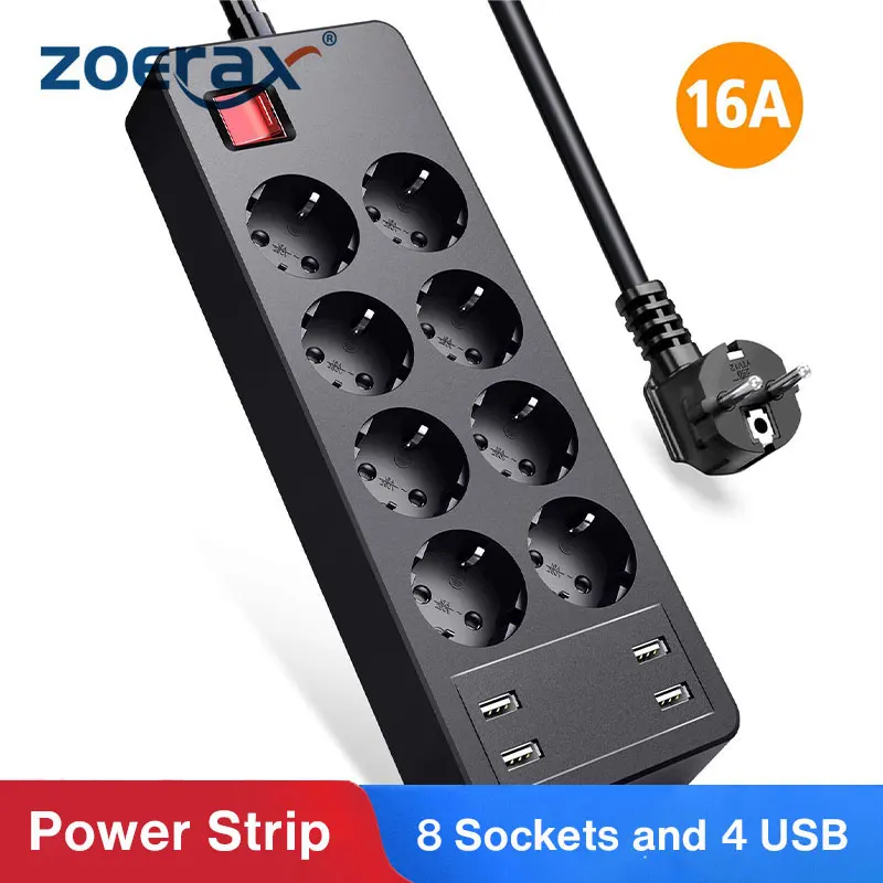 

ZoeRax Power Strip with 8 Sockets and 4 USB, Electrical Socket EU Plug Extension Socket Outlet Surge Protection Plugs, 4000W/16A